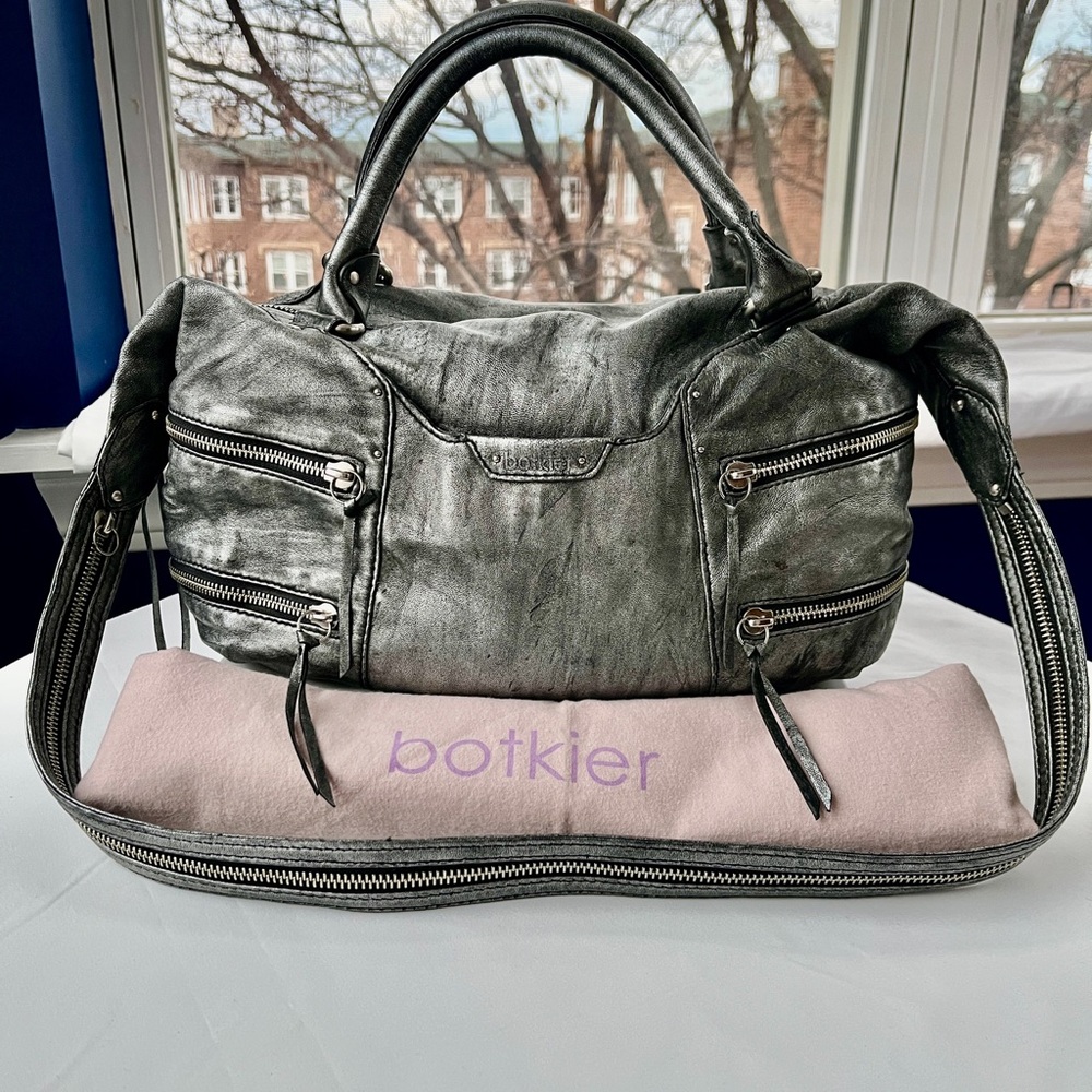 Botkier Distressed Metallic Silver Leather “Moto” Satchel